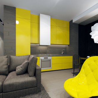 Черна и жълта кухня-хол