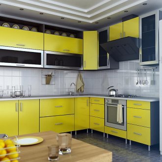 Черен и жълт ъглов кухненски комплект