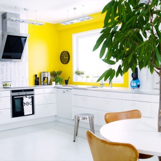 Бяла и жълта кухня с живи растения