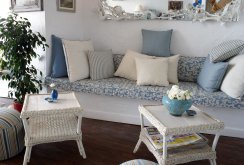 Bright living room in blue and white