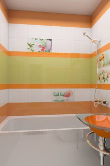 Оранжеви, зелени, черни и бели цветове в интериора на банята