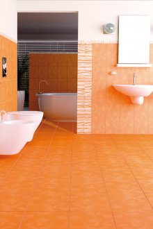 Бяло-оранжева плочка в банята