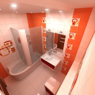 Комбинацията от оранжево и бяло в банята