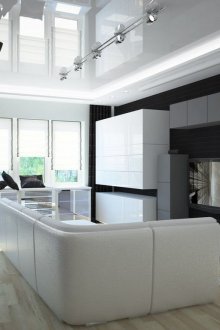 Черно-бяла високотехнологична всекидневна-кухня