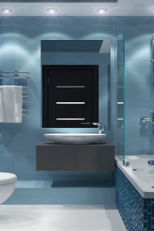 Сив шкаф за умивалник във високотехнологична баня