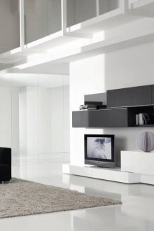 Черно-бели мебели в голям хол с високи технологии