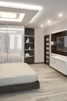 Сиво легло и бял скрин в спалня с хай-тек