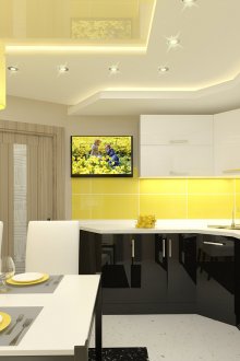 Ъглова кухня с жълта престилка