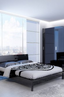 Warna biru, kelabu dan hitam di dalam bilik tidur.