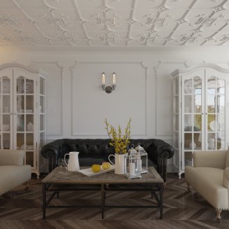 White walls and brown floor in a shabby chic living room