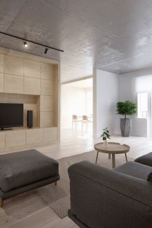 Beige, Braun und Weiß im Wohnzimmer im Stil des Minimalismus.