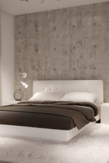 Weißes Bett des Minimalismus im Schlafzimmer