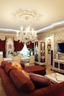 Червени мека мебел в класическа всекидневна