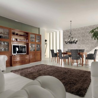 Кафяви и бели мебели в хола-трапезария в класически стил