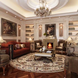 Червени и кафяви мебели в класически стил в хола