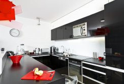 Dapur berkilat hitam dan putih dengan aksen merah