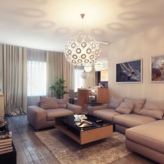 Бежови, кафяви и черни цветове в хола.