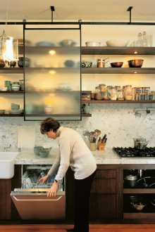 Open shelves in the interior of the kitchen
