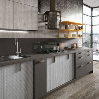 Black and gray wall in the loft style kitchen