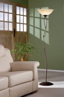 Извита подова лампа на метален крак в хола