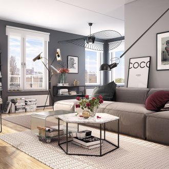 Сива всекидневна със стилни аксесоари.