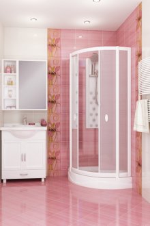 Бяло-розов интериор за баня с орнаменти от плочки