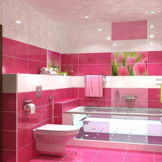 Ярки розови и бели цветове в банята