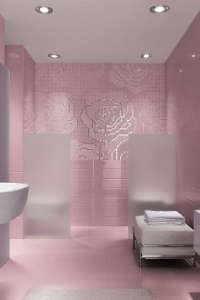 Розови стени и бели мебели за баня
