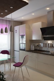 Лилави акценти в черно-бяла кухня 11 кв.м.