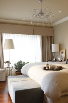 Beige and white neoclassical bedroom