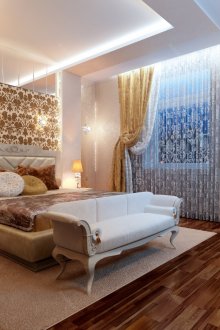 Golden, white and brown colors in the interior of the bedroom 16 sq m