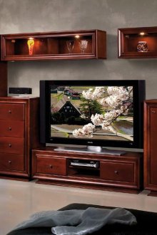 Стена за книги и телевизор в хола от череша