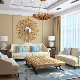 베이지색과 파란색 거실