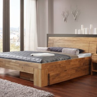 Съвременно дървено легло с чекмеджета