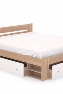 Бяло и кафяво минималистично легло с чекмеджета