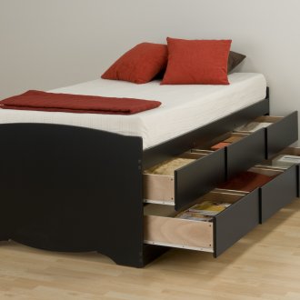 Черно високо детско легло с чекмеджета