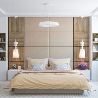 Кафяво-бяла минималистична спалня