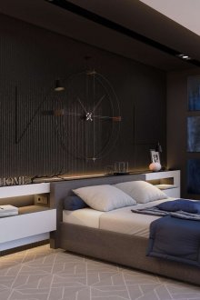 Бели, черни и сини цветове в интериора на спалнята