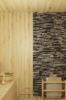 나무와 돌로 사우나 마무리