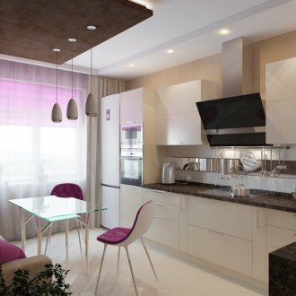 Черно-бяла кухня с лилави акценти
