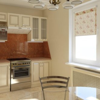 Кафява престилка в бежова кухня