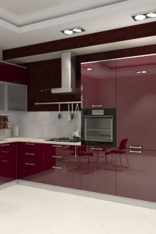 Гланцова бордо бяла кухня