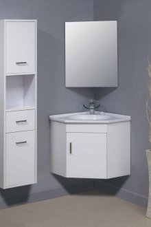 Бял ъглов шкаф с шкаф и огледало