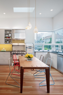 Жълта престилка в бяла и кафява кухня