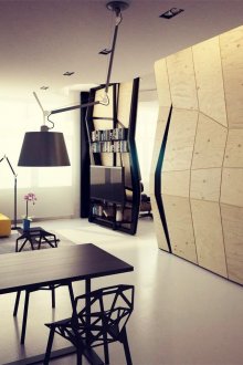 Weiße Decke im Wohn-Esszimmer im Stil des Konstruktivismus