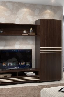 Венге стена с бели ивици в интериора на хола