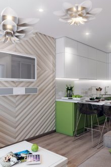 Kitchen-living room with green accents