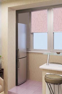 Pink accented kitchen with balcony