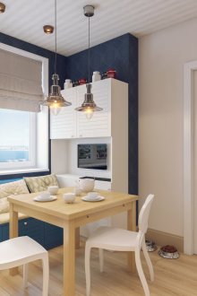 Blue, beige and white colors in the design of the kitchen 10 sq m