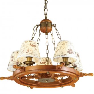 Дървен полилей в морски стил с абажури от плат